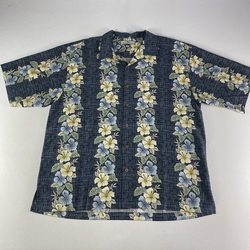 Camisa de seda hawaiana Tommy Bahama para hombre XL a rayas floral hojas de palma manga corta