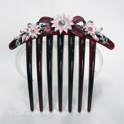 Floral Flower Design Hair Comb w/ Shiny Stones Pink Orange  display picture 1
