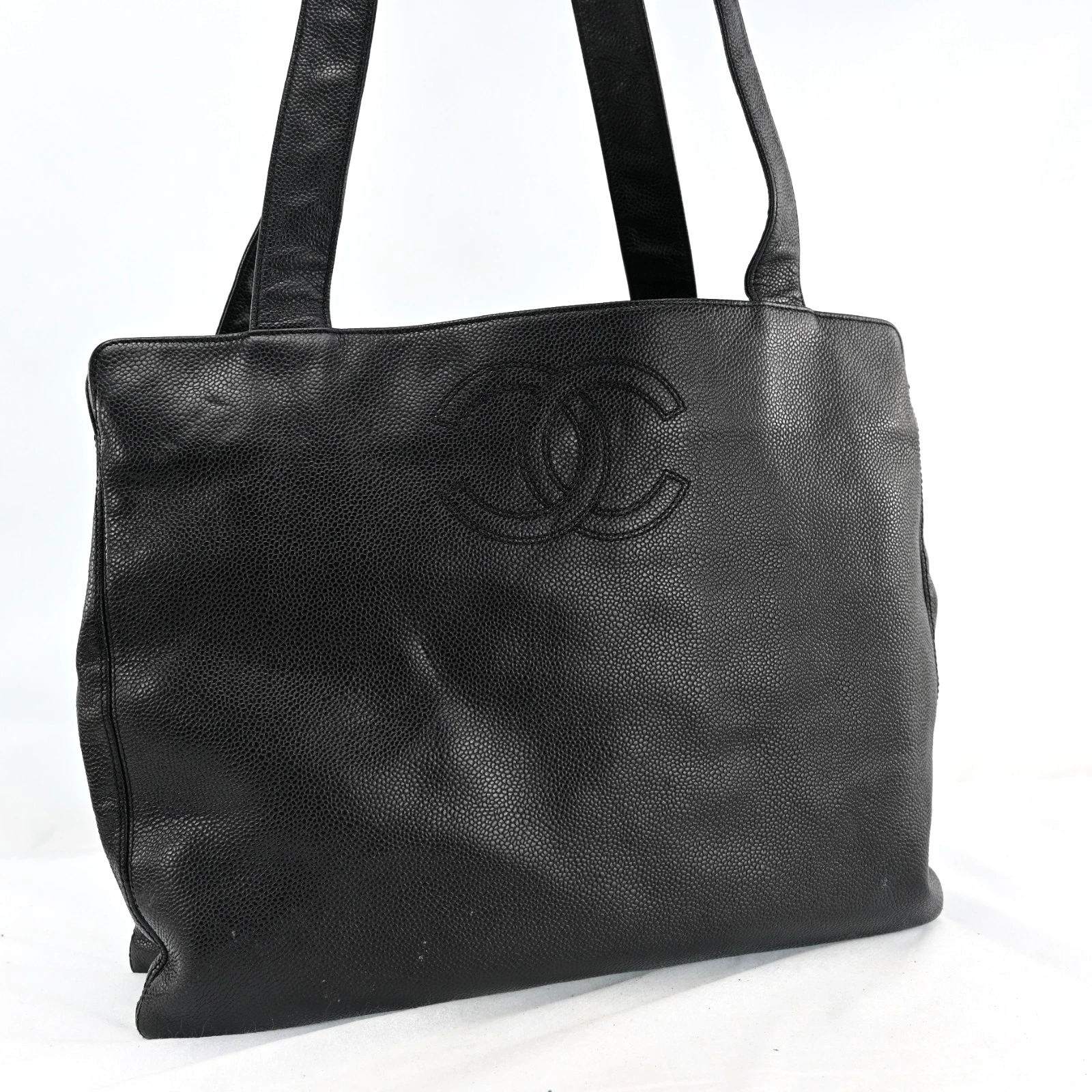 Auth CHANEL Coco Mark Black Caviar Skin Leather Tote Bag Italy R3745ST711