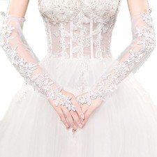 BRYCTSISEN Long Lace Fingerless Elbow Gloves - Sheer Mesh Tulle Opera 20" White