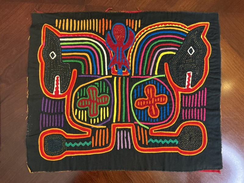 Vintage Kuna Mola Hand Stitched Textile Panel Panama Guna Folk Art Animal Angel?
