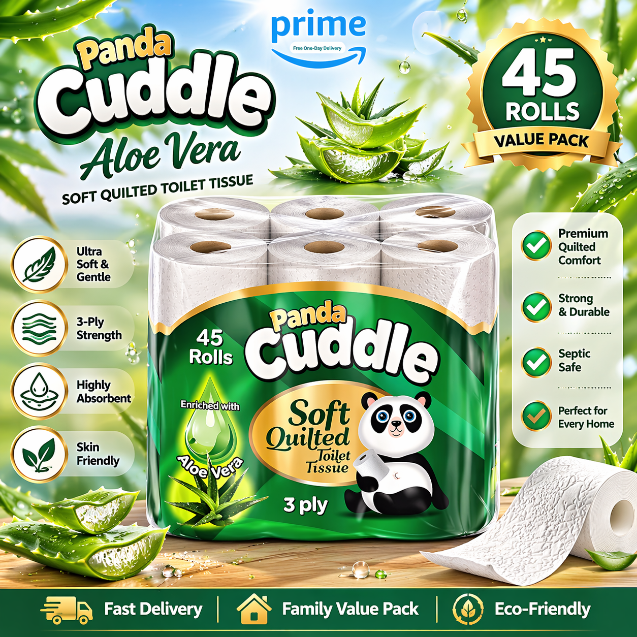 Cuddle Tissue Panda Cuddle Soft Quilted 3 Ply Toilet Tissue 18 | 45 | Rolls Aloe Vera ...