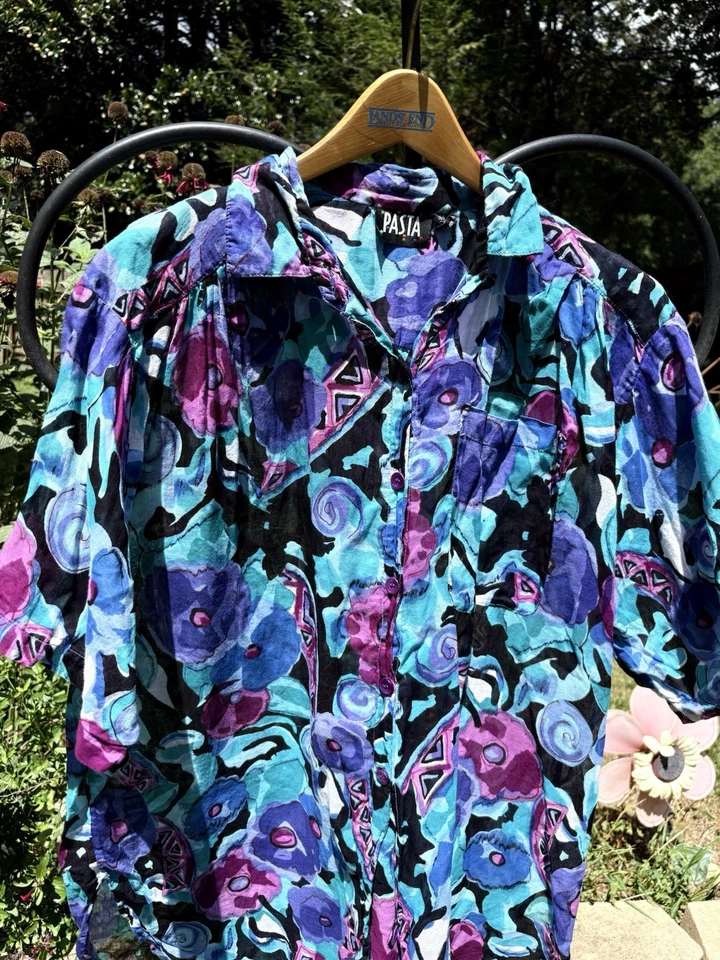 Vintage 1980s 90s Cotton Colorful Blouse Retro Purple Blue Black Size Medium - Image 4 of 4