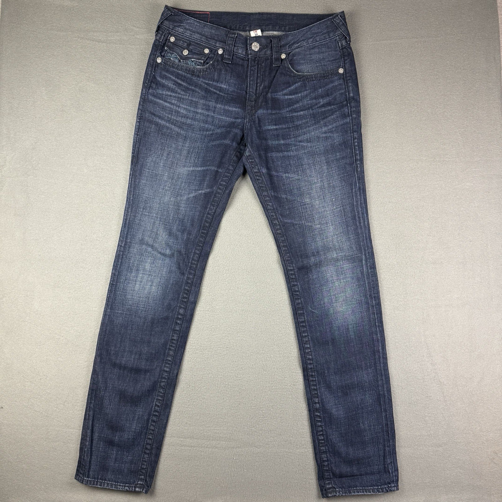 True Religion Jeans Men's 33 (Fits 35x34) Skinny Flap Pockets Blue Embroidered