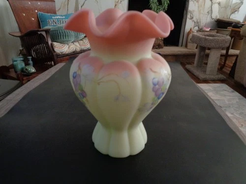 Fenton Art Glass  7" Pink Burmese Vase, LTD  , Grape Vines-2004-NICE PIECE-LOOK