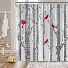 Abstract Tree Shower Curtain Birch Forest Red Bird Rustic Gray Polyester 70x70