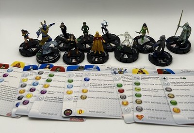 LOT OF 12 CLICKS HEROCLIX FIGURES~INCLUDES CHARACTER CARDS~WIZ KIDS~MARBEL & DC