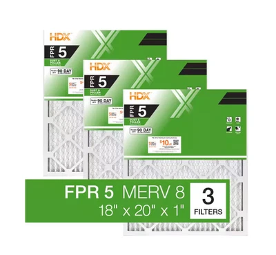 HDX 18 x 20 x 1 Standard Pleated Air Filter FPR 5, 3-Pack, Air Filters Replacement