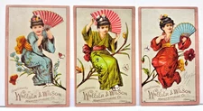 Wheeler & Wilson Sewing Machine Trade Cards Lot (3) Asian Theme Fans Geisha