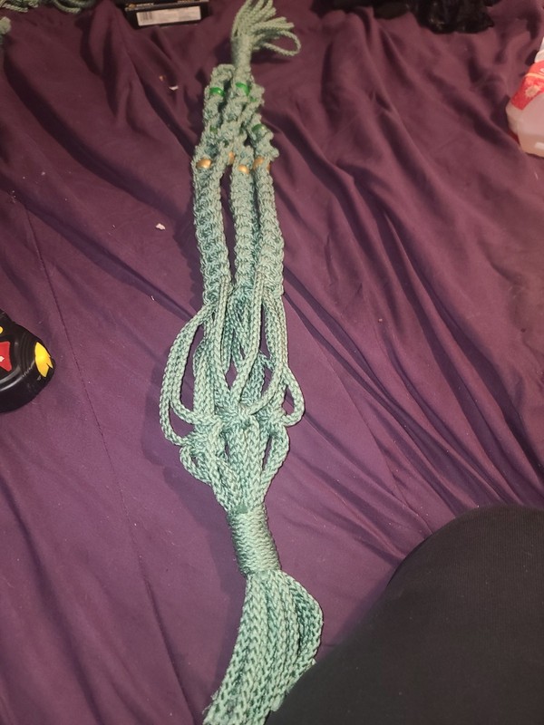 GREEN THICK CORD  PLANT HANGER W/ BEADS  - 35IN