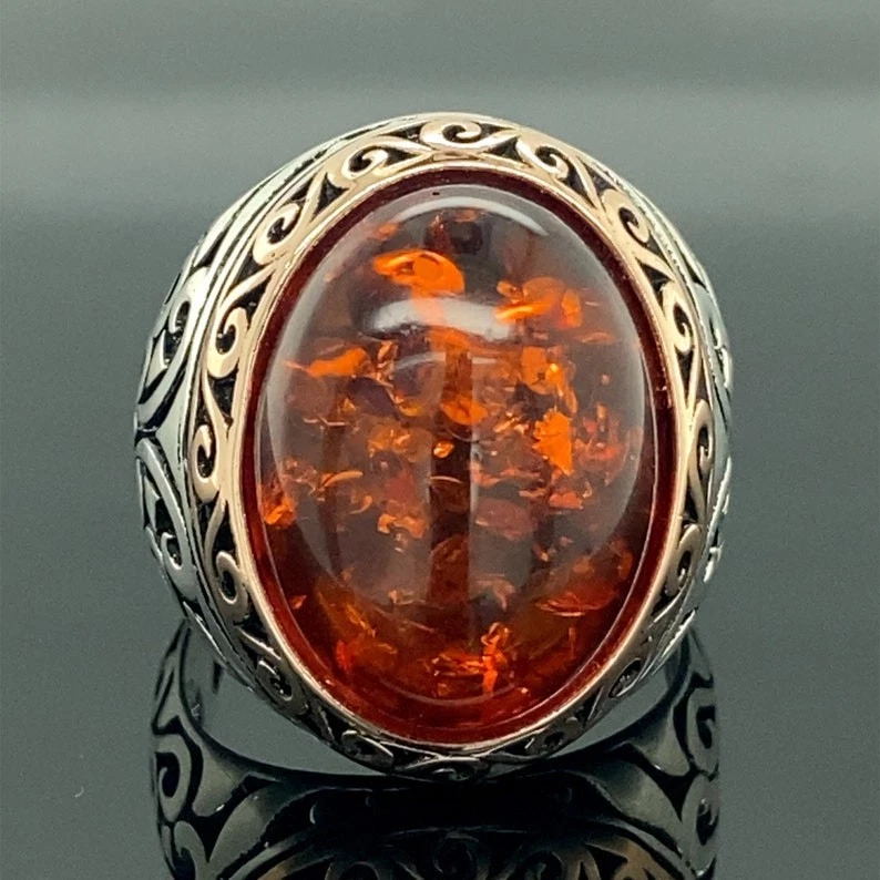 925 Mens Handmade Natural Orange Amber Stone Ring - Image 4 of 4