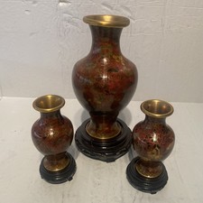 Vintage Chinese Cloisonné Enamel Vases with Carved Lacquer Wood Stands 2-5” 1-9”