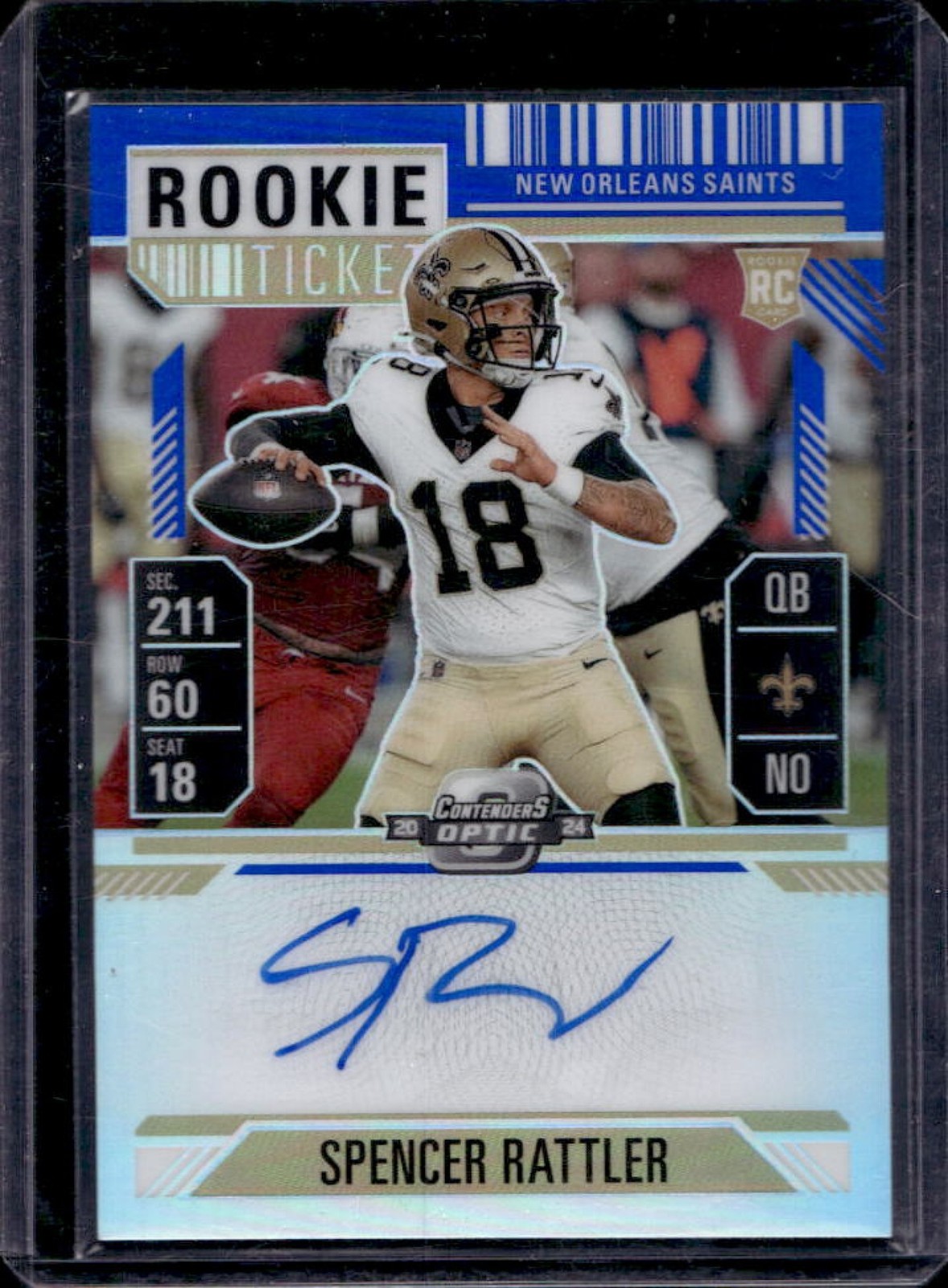 2024 Contenders Optic Spencer Rattler Rookie Ticket Auto RC Blue Prizm #18/75