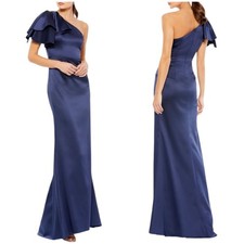 Mac Duggal NWT 26521 Ruffle One Shoulder Satin Maxi Dress Navy Blue Size 14 
