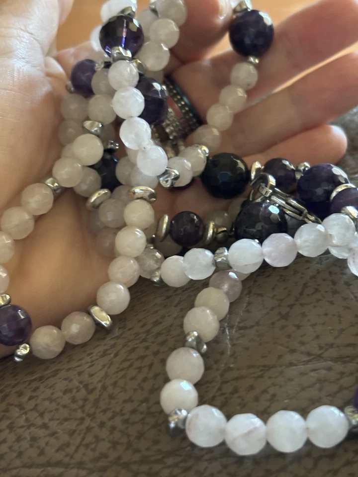 Collana Collane Pietre Dure Ossidiana Ametista Acciaio Lunga Multigiro - Immagine 3 di 4