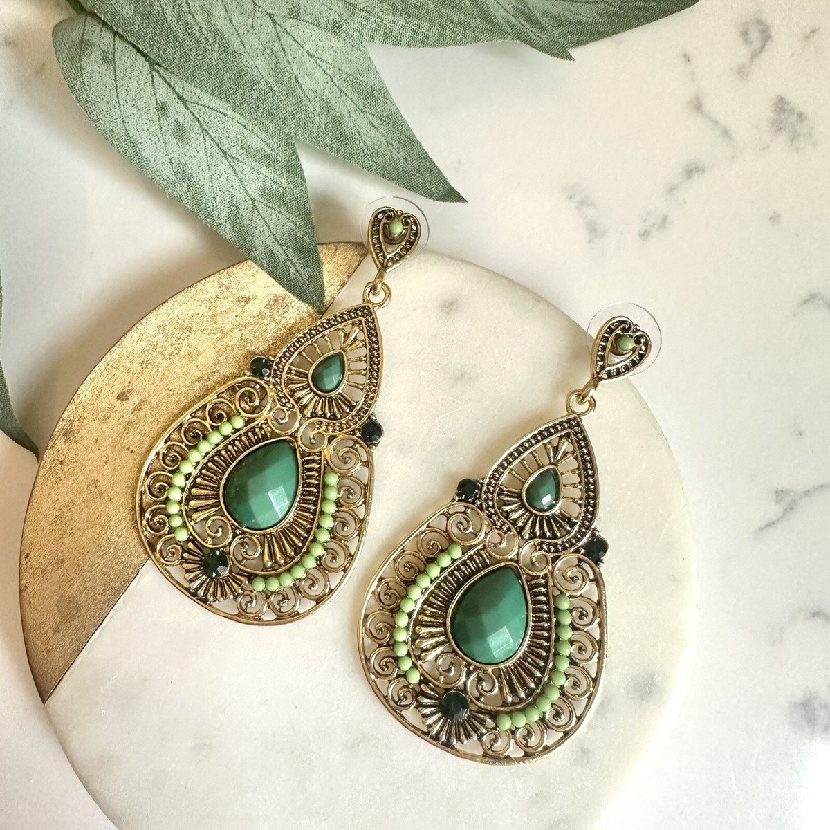 Art Deco Vintage Style Nouveau Green Gold Crystal Earrings