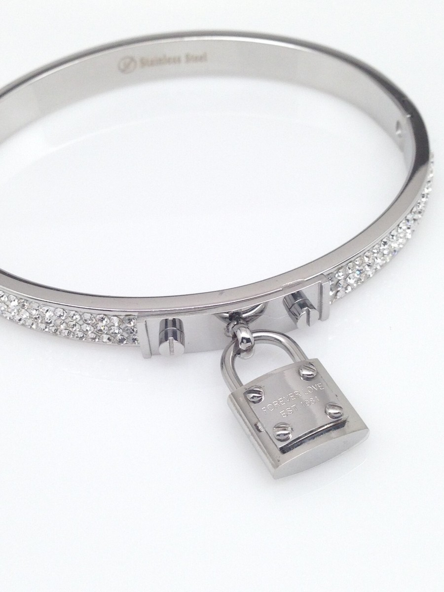 Womens Stainless Steel Cz Love Lock Bangle Bracelet 6.5