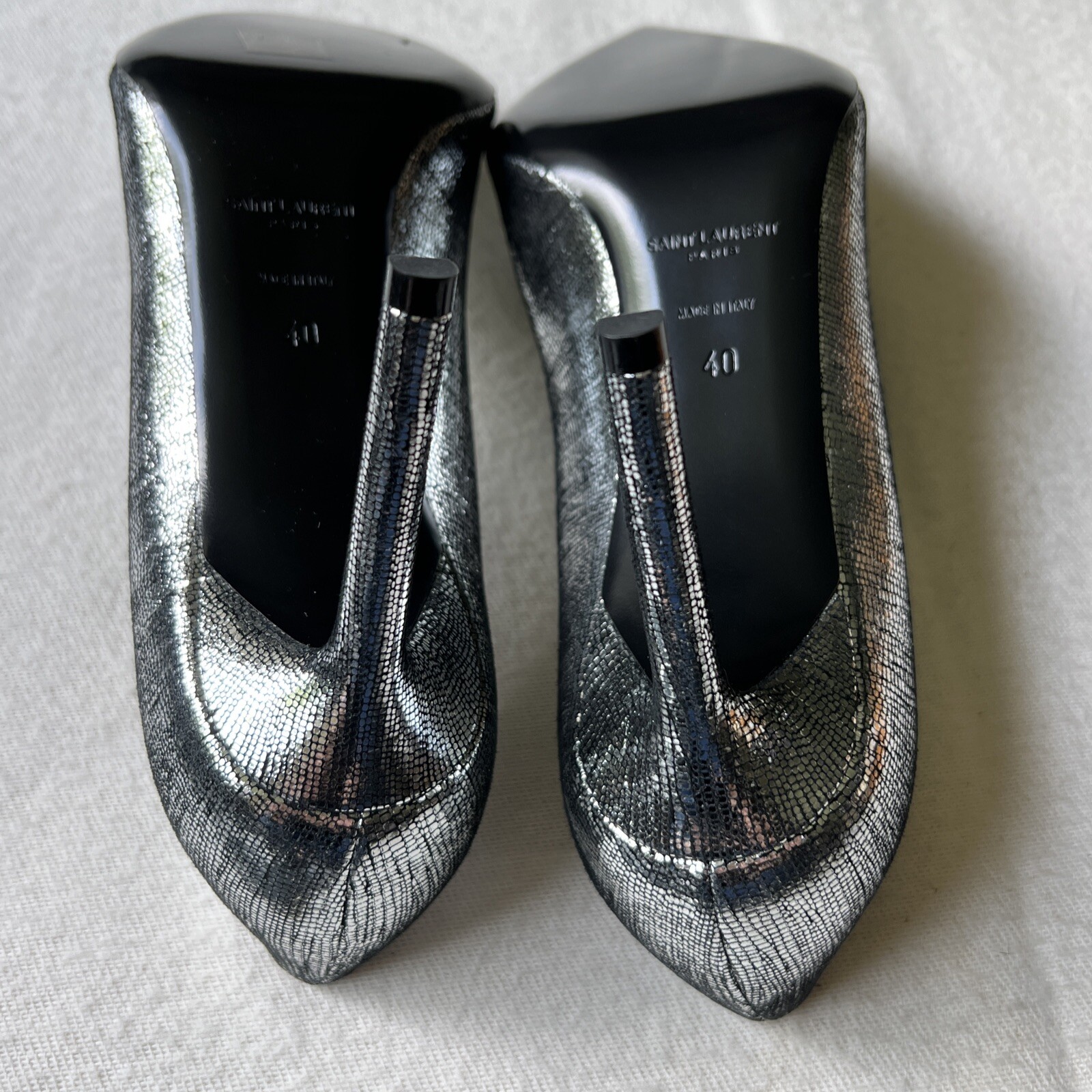 Scarpe Saint Laurent donna 40 US 10 Anja 85 grigio metallizzato tacco alto décolleté