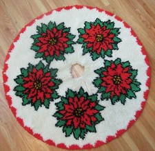 Vintage Latch Hook Xmas Tree Skirt - 39" Round - 5 Poinsettia pattern - Handmade