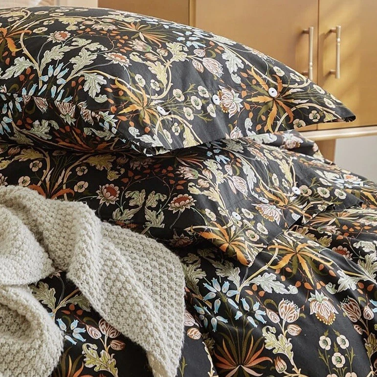 NEW Anthropologie Black Orange Floral Cotton Boho King Bedding Duvet & Sham Set - Image 4 of 4