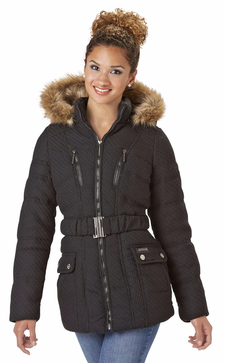 Rocawear Women's Tweed Puffer Jacket Removable Faux Fur Trimmed Hood NEW |  eBay
