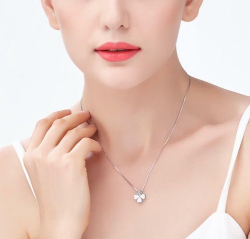 Lucky Clover Flower Pave Cubic Zirconia Silver Pendant Chain Necklace