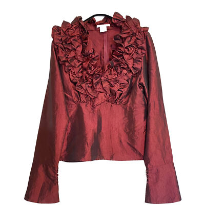 Alexandra Rosati Red Satin Ruffle Blouse BACK ZIP V-Neck Long Sleeve Womens XL