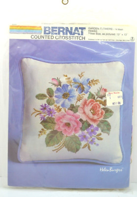 BERNAT VINTAGE Counted Cross Stitch Kit Garden Flowers PILLOW 13'' x 13'' SEALED