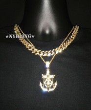 Miami Cuban Chain CZ Necklace, Rope Chain, Jesus Anchor Pendant Plated, 3PC Set