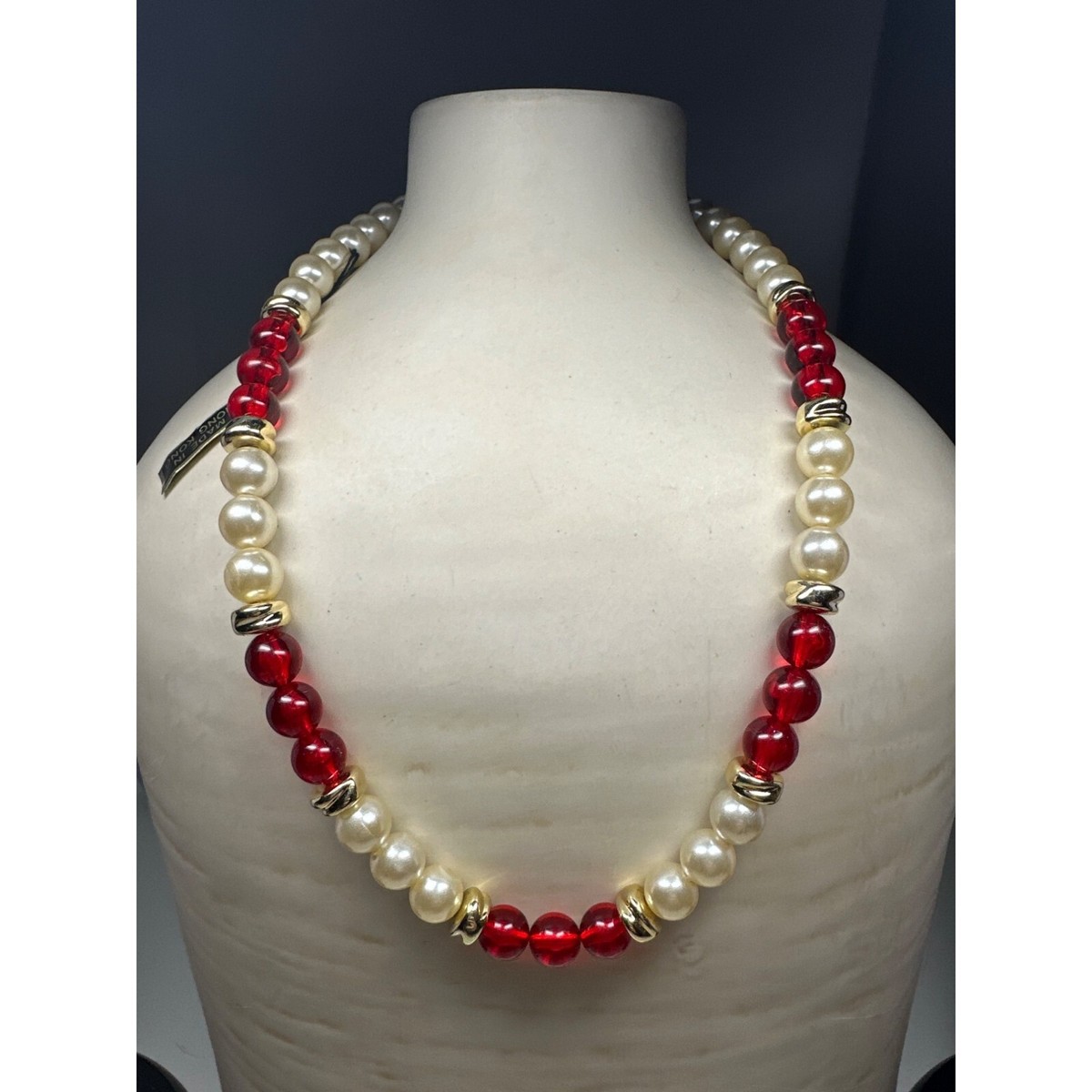 Vintage Faux Pearl Necklace with Translucent Red Beads