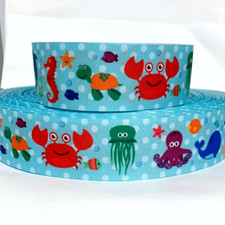 GROSGRAIN RIBBON 5/8",7/8",1.5", 3" Sea Crabs Ocean Fish Turtle Octopus BULK