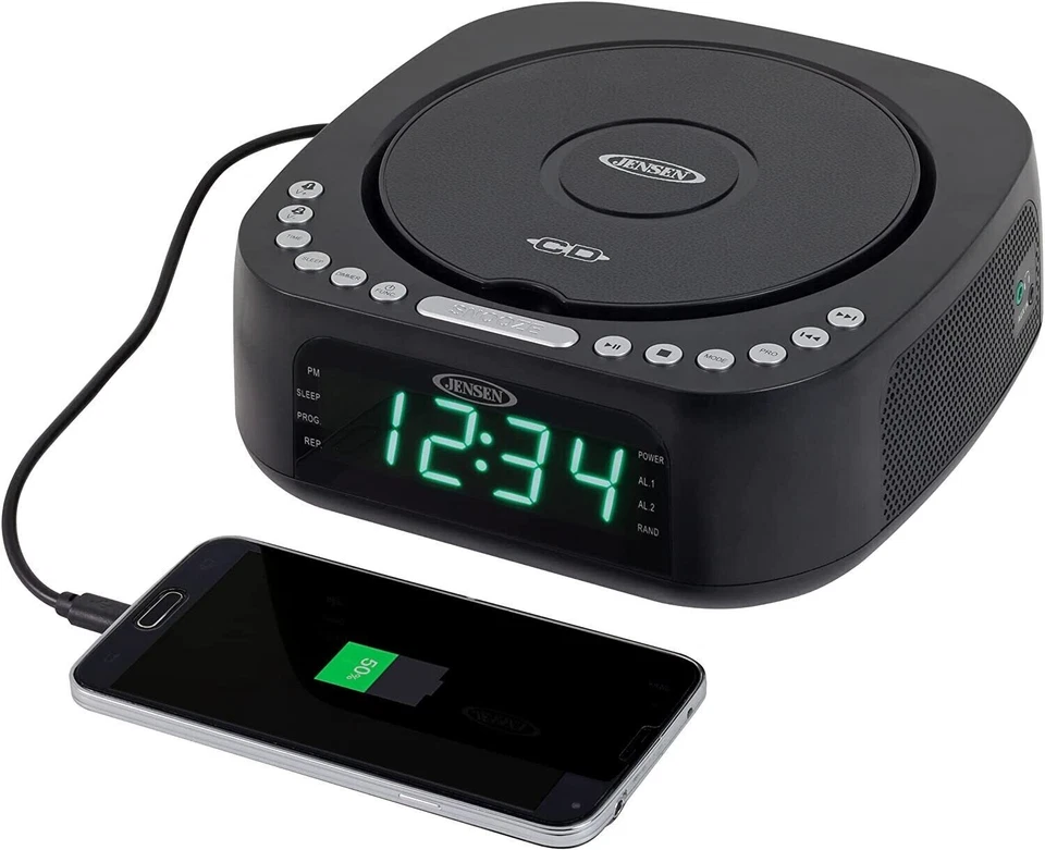 Jensen JCR-375 BLK Green LED CD/MP3 Clock Radio USB charge (Black)- New - Image 2 of 4