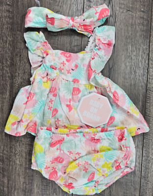 Baby Girl Clothes New Baby On Board 0-3 Month 3pc Flamingo Floral Dress