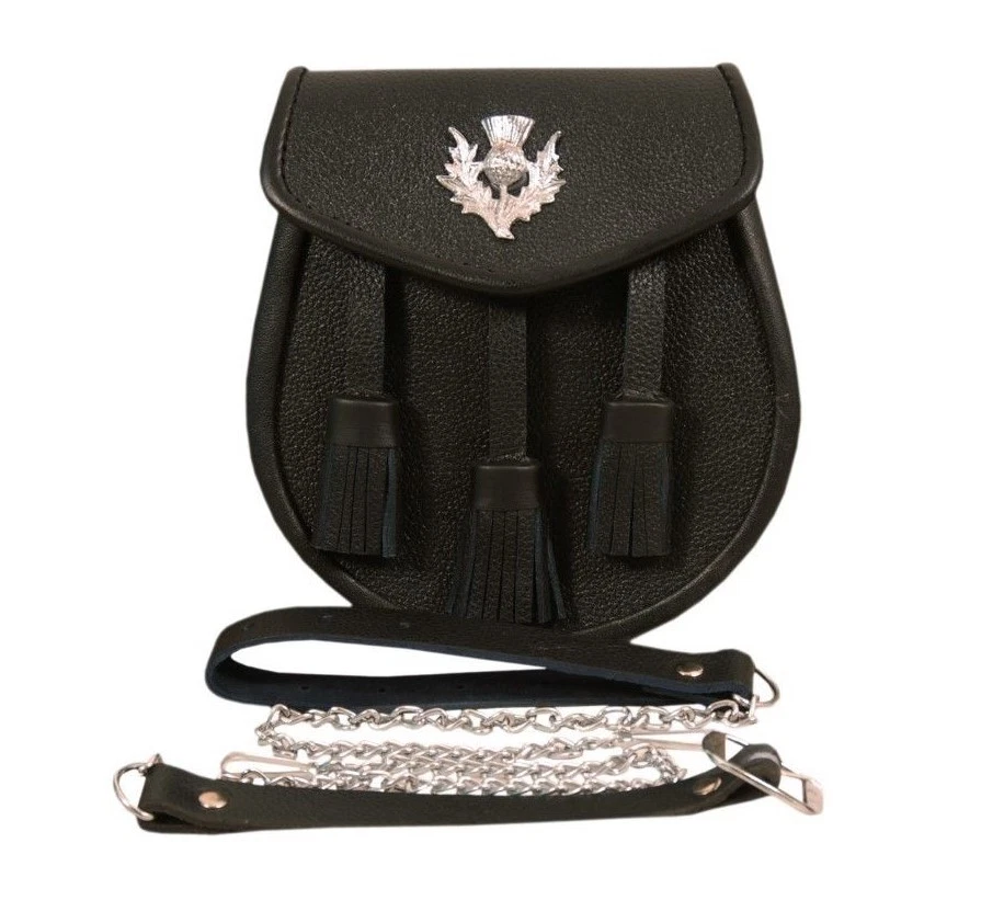 3 TASSELS & THISTLE SCOTTISH KILT SPORRAN REAL BLACK COWHIDE LEATHER + BELT 01 - Image 4 of 4