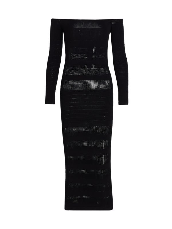 Sergio Hudson Off-The-Shoulder Striped Pointelle-Knit Midi Dress | eBay