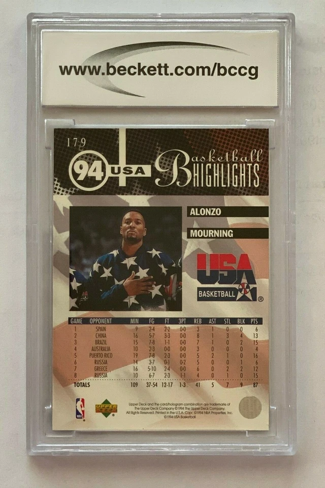 1994-95 Upper Deck Alonzo Mourning BCCG 10 Charlotte Hornets Georgetown HOF - Image 2 of 3