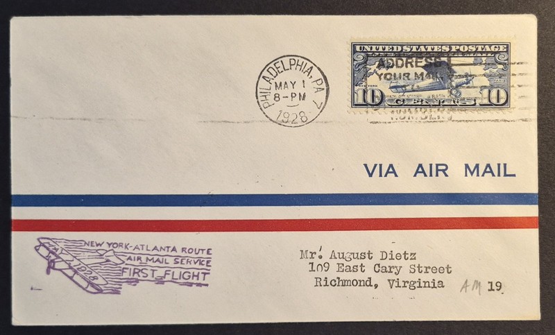 1928 US First Flight Philadelphia PA Richmond Airmail CAM 19 19S2 Air Mail Cover