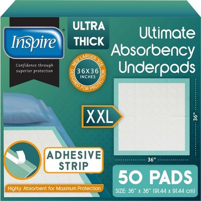 Inspire Ultimate Absorbency Disposable Bed Pads, Adhesive, 36'' X 36'', 50 Pack