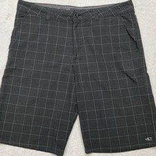 O  NEILL Black Gray Plaid Flat Front Shorts 10.5 Inseam Mens 34 Skate Golf EUC