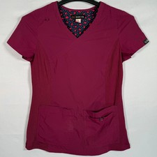 Koi Women  s Scrubs Top, Short Sleeve Burgundy V-Neck Pockets Small Stretch Logo