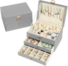 3 Layers Jewellery Box with 2 Drawers, Elegant Jewellery Organiser, Leather Jewe