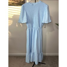 Blue smocked high-waist ruffle tiered A-line midi Dress sz M