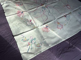 Superb Vintage Hand Embroidered Sea Green Irish Linen Tablecloth Dancing Ladies