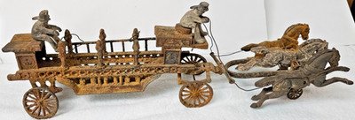 Utexiqual Cast Iron 3-Horse Hook & Ladder Fire Wagon 27'' Kenton Mold VTG