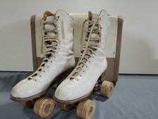 Vintage Sears JC Higgins Roller Skates Women's Size 7 White Leather -Wood Wheels