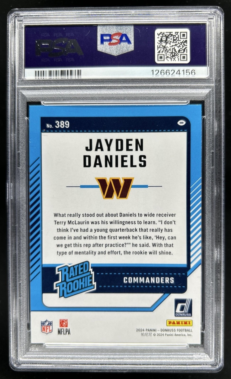 2024 Panini Donruss Jayden Daniels RC Rated #389 Commanders PSA 10 Rookie view 2