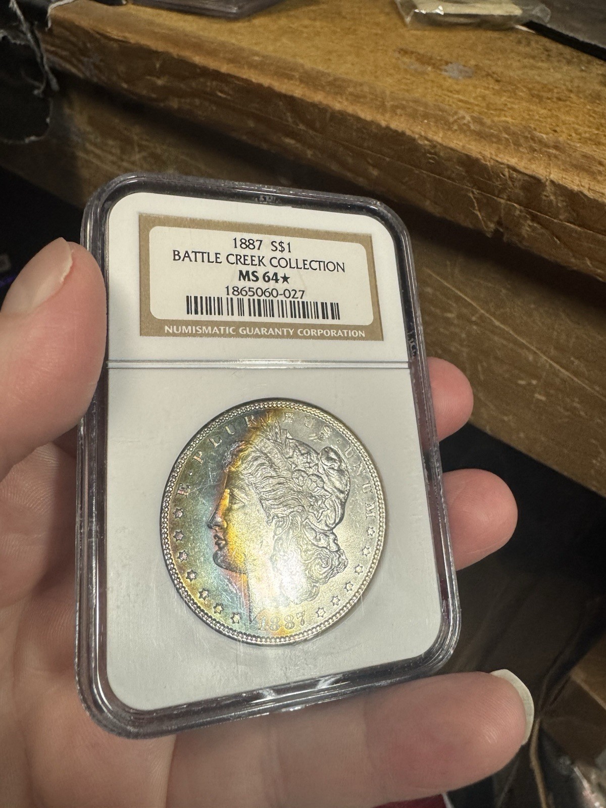 1887 Morgan silver dollar PCGS MS64⭐️Cresent Rainbow Battle Creek Collection Wow