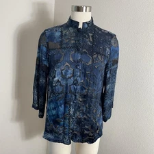 Citron Santa Monica Shirt Womens XS Blue Sheer Floral Burnout Silk Blend Blouse