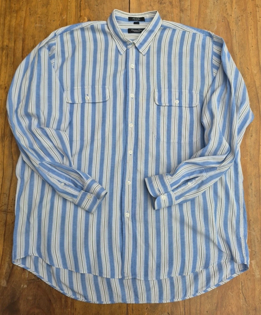 Vintage Christian Dior Monsieur Shirt Mens L Vintage Striped Safari Flap Pocket