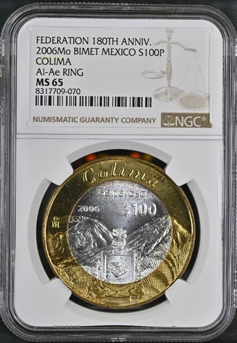 2006 Mo Mexico Federation 180th Anniv Bimetal Colima 100 Peso MS65 NGC KM# 777